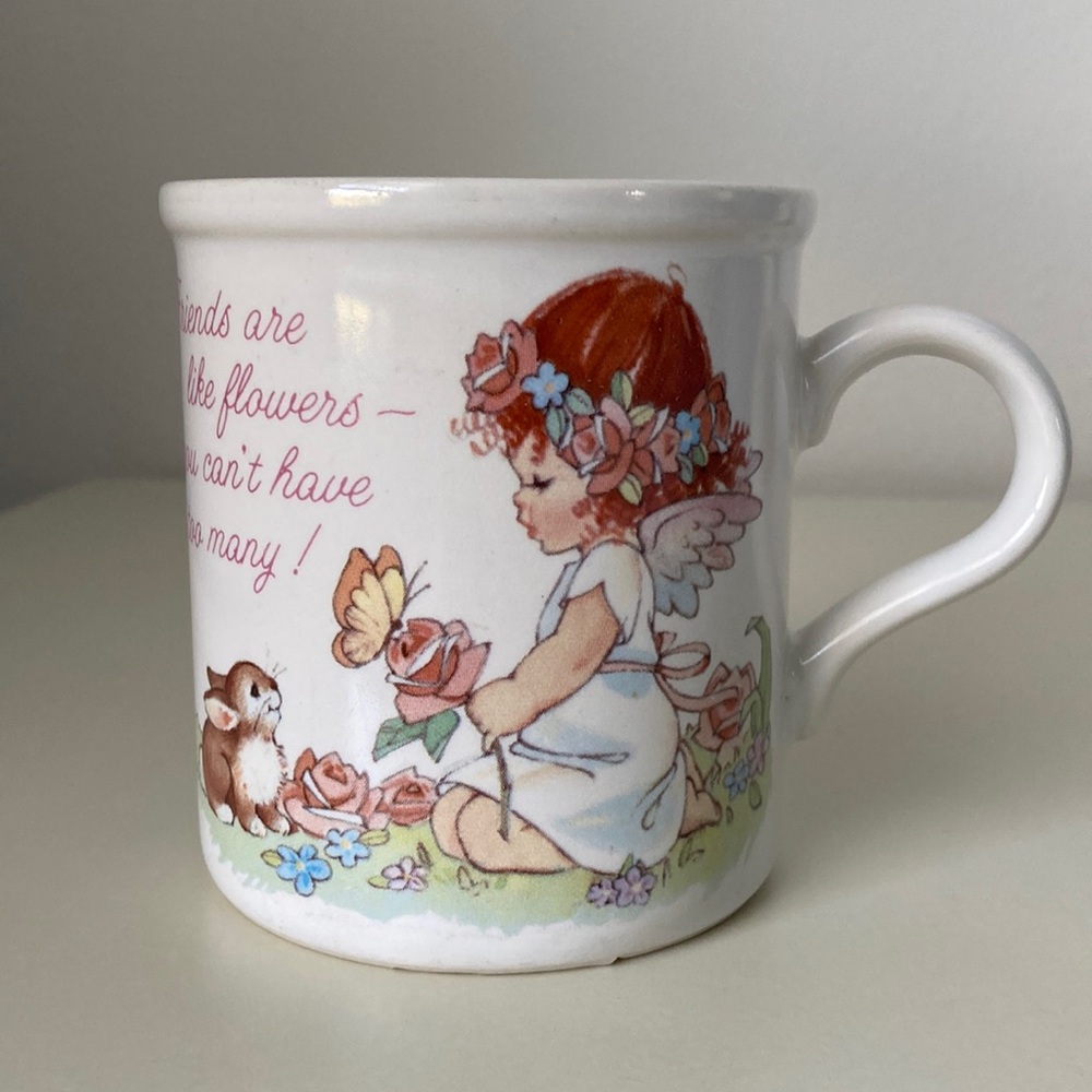 Vintage American Greetings Stoneware Mug Cup Angel Flowers Bunnies baby deer